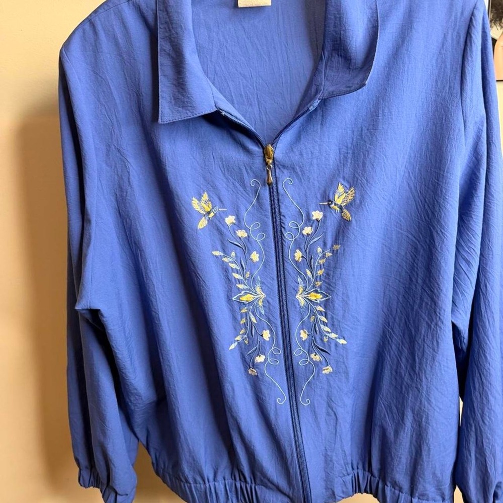 Vintage Regal Blue Hummingbird Embroidered Zip Up Jacket Made in USA Large